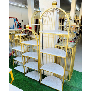 Golden <b>Bird</b> Cage Design Cake <b>Stand</b> Set 3 Tier Metal Gold Plated And White Marbl Dessert Display Reusable For Home & Hotel Decor - Product Image 1