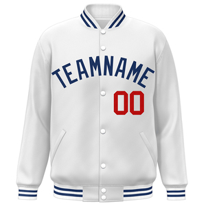 Chaqueta Varsity Personalizada para Hombre, Blanca con Letras Azules y Rojas, Estilo Preppy, Cierre de Botones, Corte Regular, para Otoño - Product Image 1