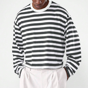 New Arrival Basic Style Solid Long Sleeve Men's Summer Casual Crew Neck Hip Hop Plus Size 100% Cotton Striped Shirt Men - Product Image 1