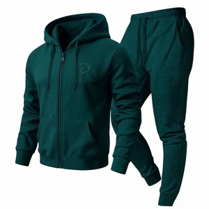 Conjunto Deportivo de Dos Piezas para Hombre, Color Verde Oscuro, con Capucha, 100% Algodón, Cierre Completo, Color Sólido, Casual, con Logotipo en Relieve, Bolsillos Laterales Estampados - Product Image 1