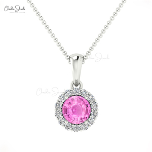 Verified Supplier 14k <b>Solid</b> <b>Gold</b> Genuine 4mm Round Cut Pink Sapphire & Diamond Halo <b>Pendant</b> Wholesale Customized <b>Pendant</b> For Mom - Product Image 3