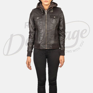 Women Dark <b>Brown</b> Real <b>Leather</b> <b>Jacket</b> with Removable Hood Slim Fit Premium Sheepskin Winter Biker Style Multi-Pocket Outerwear - Product Image 3