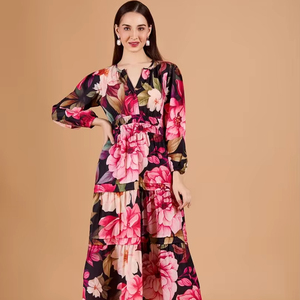 Floral Print <b>Bell</b> Sleeve Formal Fit Flare Midi Dress Digital Printed Eco-Friendly Natural Waist OEM Chiffon Summer Dresses - Product Image 1