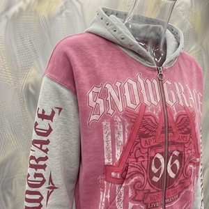 Snowgrace Hooded Zip-Up <b>Sweatshirt</b> <b>Pink</b> White Oversized Crop Fit Streetwear Unisex Print Front Logo - Product Image 4