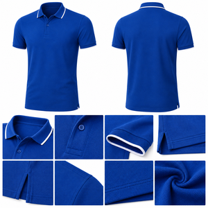 Chemise piqué bleu roi à manches courtes pour homme avec col et poignets à bordure blanche, décontractée, respirante, 100 % coton, design tricoté - Product Image 6