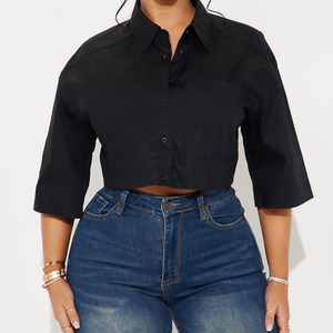 Camisa Corta Negra Personalizada con Logotipo para Mujer, Blusa Informal de Popelina Sólida con Botones y Manga Tres Cuartos, Corte Regular para Todas las Temporadas - Product Image 3