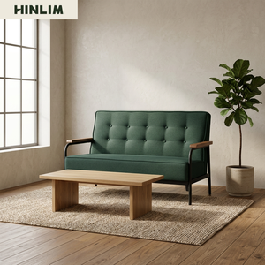 Sofá cama moderno de tela capitoné de dos plazas con patas de metal y brazos de madera para sala de estar - Product Image 1