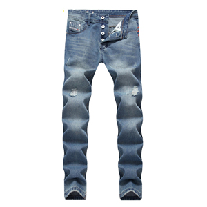 Jeans de Pierna Recta Azul Claro para Hombre, Cintura Media, Algodón Lavado, Estilo Casual, para Otoño - Product Image 5