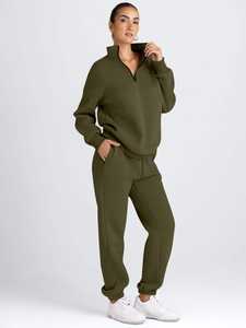 Ensemble deux pièces pour femme : sweat-shirt et pantalon en molleton vert olive, pull demi-zip, tenue décontractée, coupe confortable et détendue - Product Image 3