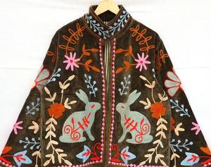 Olive Brown Velvet Embroidered <b>Jacket</b> With Rabbit Floral Design <b>Mandarin</b> <b>Collar</b> Zipper Closure Long Sleeve Autumn Outerwear - Product Image 2