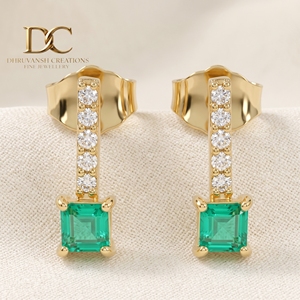 Boucles d'oreilles uniques et élégantes en or jaune massif 14 carats avec diamant de laboratoire et émeraude colombienne, certifiées IGI, bijoux personnalisés pour femmes - Product Image 2