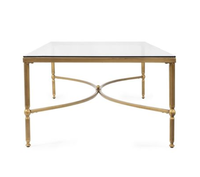 Table basse rectangulaire moderne avec plateau en verre et structure en métal, table de salon avec plateau aspect marbre