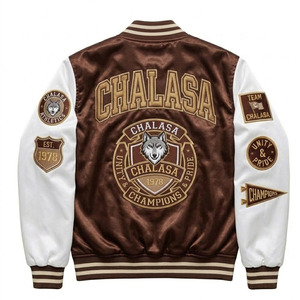 Chaqueta bomber de satén de seda brillante personalizada a precio económico para hombre, diseño de béisbol con cierre frontal a presión, dobladillo y puños acanalados. - Product Image 2