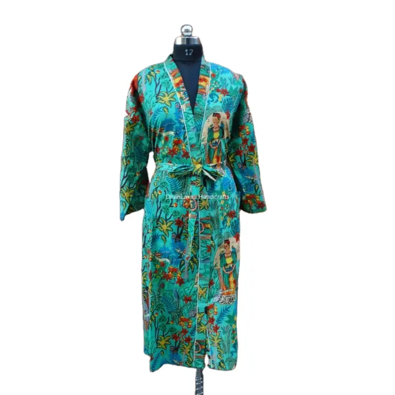 Hippie & Bohemian Maxi Wholesale Beachwear Long Robe Gown Kimono Turquoise Print Women's Nighty Indian Cotton Floral Pattern