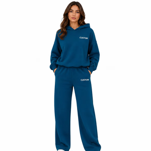 Ensemble de survêtement personnalisé pour femme : sweat à capuche bleu et pantalon de jogging large – Tenue décontractée et sportive – Vente en gros OEM Marque Privée - Product Image 1