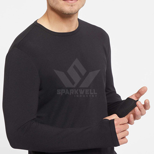 T-shirt à manches longues pour homme, col rond, coupe classique, décontracté, noir uni, tricoté, séchage rapide, 100% polyester - Product Image 4