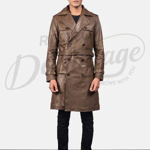 Abrigo de Cuero Genuino Marrón Personalizado para Hombre, Estilo Británico Clásico, Corte Entallado, Chaqueta de Invierno Larga con Doble Botonadura - Product Image 5