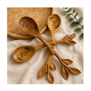 ชุดช้อนไม้ทำมือ 3 ชิ้น พร้อมด้ามจับรูปใบไม้สุดสร้างสรรค์ - Product Image 1
