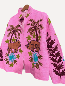 Cárdigan Rosa Bohemio con Estampado Animal Bordado, Cuello Mandarín, Manga Larga, Talla Grande, Ropa Casual de Verano para Mujer - Product Image 3