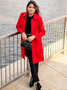 Manteau long en laine mélangée pour femme, double boutonnage, revers, coupe longue, manteau d'hiver, sur mesure OEM - Product Image 5