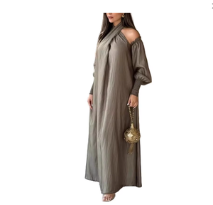 Vestido Maxi Boho con Hombros Descubiertos, Manga Abullonada, Encaje Dulce, Tejido Holgado, Chifón de Color Liso, Estilo Casual - Product Image 6