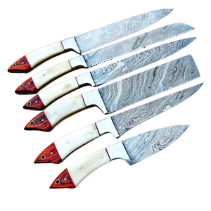 Ensemble de 6 couteaux de chef en acier Damas faits à la main avec manches en os de chameau, couteaux professionnels de cuisine pour trancher, hacher et couper - Product Image 1