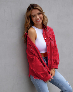 Women's Light Wash Distressed <b>Denim</b> <b>Jacket</b> Casual Button Front Loose Fit Solid Color Cotton Fabric Spring Style - Product Image 2