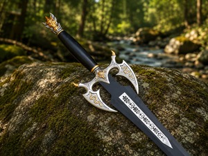 Réplique de sabre fantaisie artisanal avec poignée ornée en argent et or, lame noire à pointe de lance, couteau de collection à l'effigie d'un design historique - Product Image 1