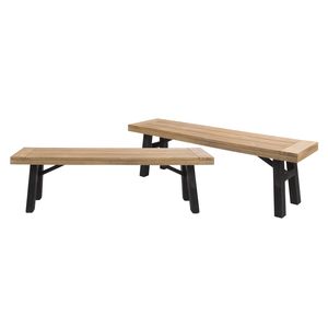 Juego de 2 bancos de patio para exteriores con diseño de paneles de listones y estructura de madera de acacia en color natural y gris - Product Image 2