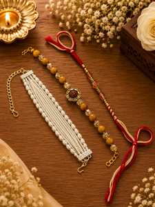 Traditional Indian Rose <b>Gold</b> Plated <b>Beaded</b> <b>Bracelet</b> Set Pearl Crystal Garnet Om Chain Link Jewelry Unisex Wedding Party Gift - Product Image 3