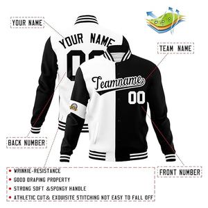 Customizable Lightweight Breathable Letterman Bomber <b>Jacket</b> <b>Men</b> Classic Black <b>White</b> Varsity Design Stand Collar Stitched Text - Product Image 4
