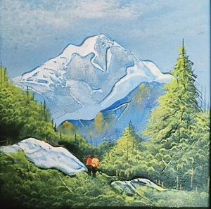 Handmade Hand-Painted Acrylic on <b>Canvas</b> Landscape Artworks Modern Bohemian/Natural Style Pinned <b>Framing</b> Mountain Scene Hikers - Product Image 2