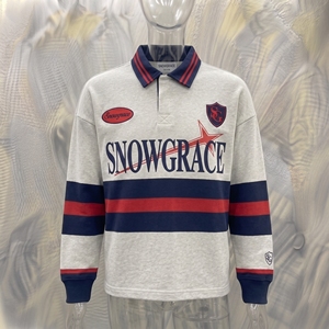 เสื้อเบสบอลแขนยาวลายทาง Snowgrace ปักโลโก้ คอปกพับได้ ทรงหลวม ใส่ได้ทั้งชายและหญิง - Product Image 3