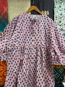 Pink Floral Block Print Cotton Midi Dress, Handmade Indian Boho Cottagecore <b>Summer</b> Outfit - Product Image 5