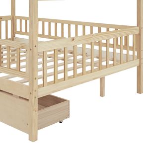 Letto a capanna in legno naturale a grandezza naturale con due cassetti per bambini - Product Image 4