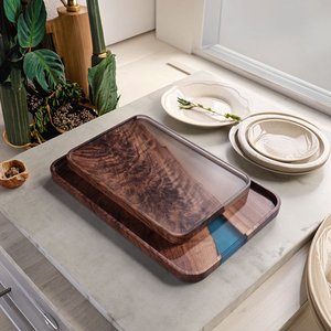Eco-friendly Walnut Wood Resin Round Tray Set High Quality <b>Breakfast</b> Snack Tray for Desk and Household Use - Product Image 5