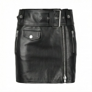 Jupe crayon mini en cuir taille haute pour femme avec ceinture, poche zippée, style motard, couleur unie, toutes saisons - Product Image 1