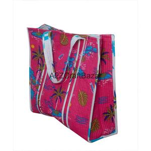 กระเป๋าผ้าฝ้ายเย็บมือลายดอกไม้พิมพ์ลายบล็อกอินเดีย หูหิ้วยาว สำหรับผู้หญิง เหมาะสำหรับการช้อปปิ้งและพกพา - Product Image 1