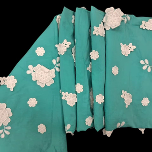 Wholesale Factory Premium Sea Green 3D Floral Applique Cotton Fabric – Intricate Raised White Rose Embroidery for Dresses - Product Image 1