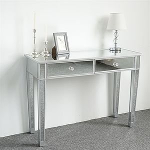 Smooth Matte Silver Finish <b>Mirrored</b> 2-Drawer Media <b>Console</b> Table Makeup Vanity and Home Office Writing Desk for Women - Product Image 1