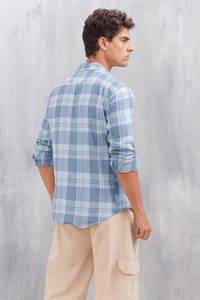 Camisa Casual de Hombre, Azul Claro, con Estampado Digital a Cuadros, Manga Larga, Cuello Clásico, Tela Popelina Transpirable, con un Solo Botón, para Verano - Product Image 2