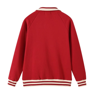 Sudadera de lana con cremallera de un cuarto, cuello redondo, estampado 3D, bordado de rayas doradas, puños acanalados, lavado ácido rojo, unisex, corte regular - Product Image 2