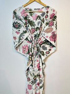 Nuevo Kaftán con Estampado Animal, Cuello en V, Cordón Ajustable, Manga Corta, Corte Evase, de Algodón Suave Indio, con Encaje, Largo Completo, para Playa, para Mujer - Product Image 2