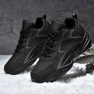 Botas de nieve para hombre con cordones, zapatillas de cuero a la moda, botas de invierno cálidas con forro de piel, zapatos casuales de algodón para exteriores - Product Image 1