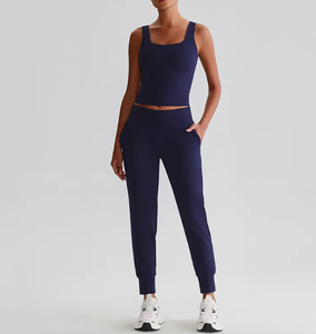 Women Olive Green Seamless Yoga <b>Set</b> <b>Square</b> Neck Spaghetti Strap Crop Top With Pockets High Waist Joggers Breathable Activewear - Product Image 6