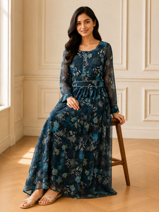 Elegante Vestido Largo para Mujer, Estampado, Color Azul Marino, Cómodo, de Manga Larga, Cuello Redondo, para Fiesta o Uso Casual - Product Image 6