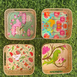 Bandeja Decorativa Redonda de Hierro Hecha a Mano, Plato de Servir Tradicional con Estampado Kalamkari de Árbol de la Vida y Ciervo, para Regalo - Artesanías Ali - Product Image 4