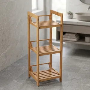 Étagère de rangement à 3 niveaux en bois de manguier, design minimaliste, organisateur gain de place pour salle de bain, cuisine, salon, porte-serviettes en bois - Product Image 5
