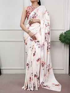 Sari en soie satinée imprimée de qualité supérieure avec pièce de chemisier assortie pour femmes - Product Image 3