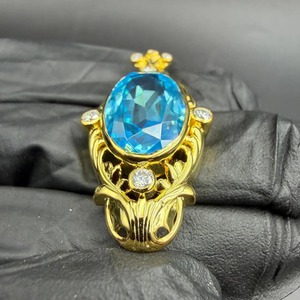 Anillo vintage chapado en plata 925 con piedra preciosa azul ovalada y detalles de diamantes, joyería para mujer - Product Image 1
